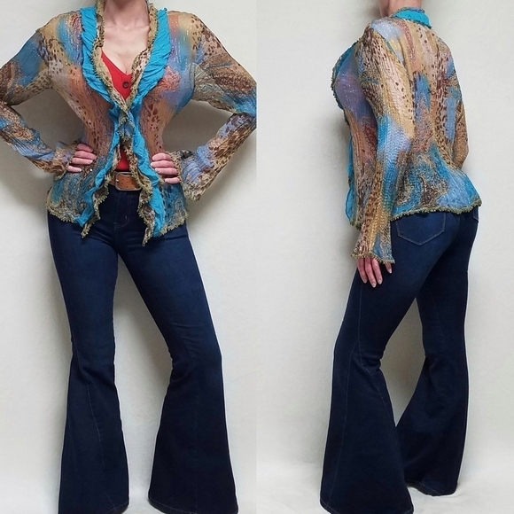 Alberto Makali Tops - Vintage OOAK Alberto Makali Blue Leopard Print Gold Metallic Knit Abstract Top